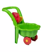 Groene speelgoedkruiwagen met hark en schep 48 cm
