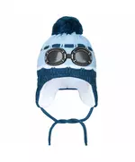 Gebreide Wintermuts - Blauw met Pompon - Oorflappen met Koord