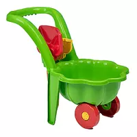 Groene speelgoedkruiwagen met hark en schep 48 cm