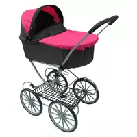 Retro poppenwagen zwart met roze kap