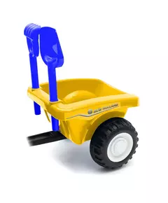 Gele speelgoedtractor met aanhanger en schep