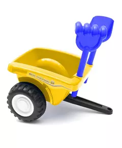Gele speelgoedtractor met aanhanger en schep