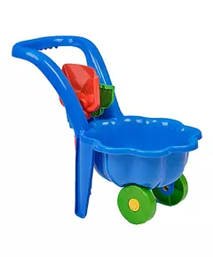 Speelgoedkruiwagen met schep en hark - blauwe tuinset