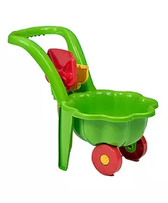 Groene speelgoedkruiwagen met hark en schep 48 cm