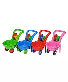 Groene speelgoedkruiwagen met hark en schep 48 cm