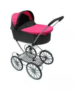 Retro poppenwagen zwart met roze kap