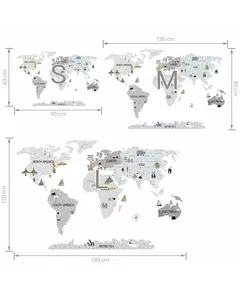 Grijze muursticker wereldkaart 150 x 90 cm - educatief