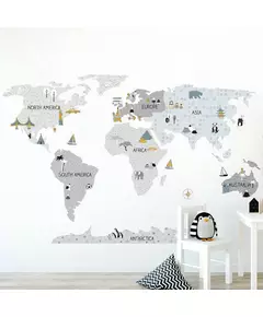 Muursticker wereldkaart grijs 130x90 cm - educatief