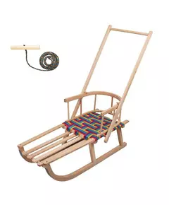 Houten slee met rugleuning, duwstang en trekkoord 86 cm