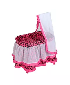 Poppenwieg in roze en zwart met grote stippen