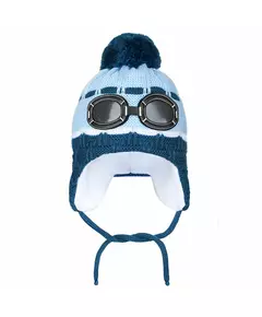 Gebreide Wintermuts - Blauw met Pompon - Oorflappen met Koord