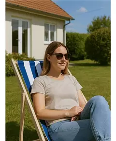 Beukenhouten Tuin- en Strandstoel blauw-wit – inklapbaar en comfortabel