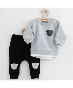 Babyset - Grijze sweater met teddybeer - Zwarte broek met beertjes