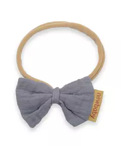 Hoofdband - Lichtbruin - Grijsblauwe strik - Label met New Baby in het rood