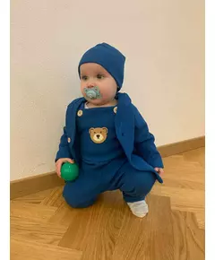 Kinderbroek - Blauwe bretels - Berenkop applicatie - Maat 56 (0-3m)