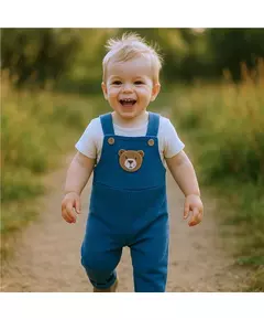 Kinderbroek - Blauwe bretels - Berenkop applicatie - Maat 56 (0-3m)