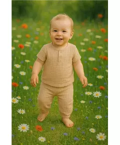 Baby kleding set - 2-delig - Katoen stof - Lichtbeige - T-shirt met korte mouwen