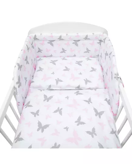 3-delige ledikantset - Katoen - Roze/grijze vlinders