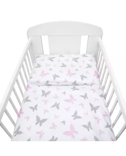 3-delige ledikantset - Katoen - Roze/grijze vlinders