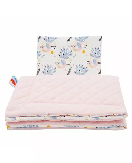 Babydeken en Kussen Set - Roze met Pauwenprint