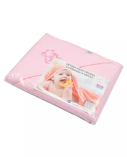 Roze geborduurde babyhanddoek met capuchon 100x100 cm