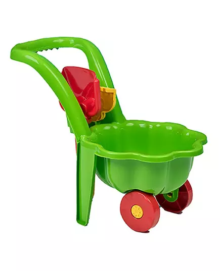 Groene speelgoedkruiwagen met hark en schep 48 cm