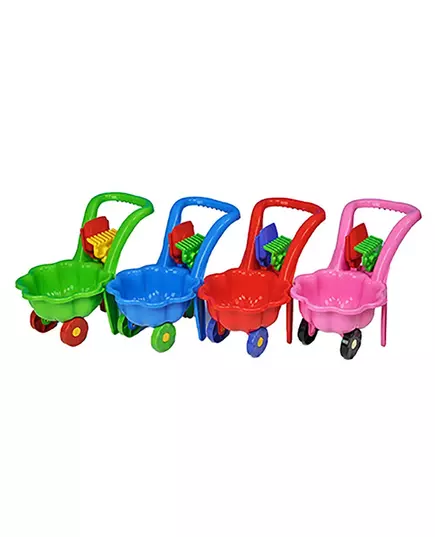 Groene speelgoedkruiwagen met hark en schep 48 cm