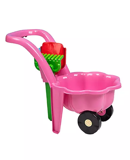 Roze speelgoedkruiwagen met hark en schep - 48 cm