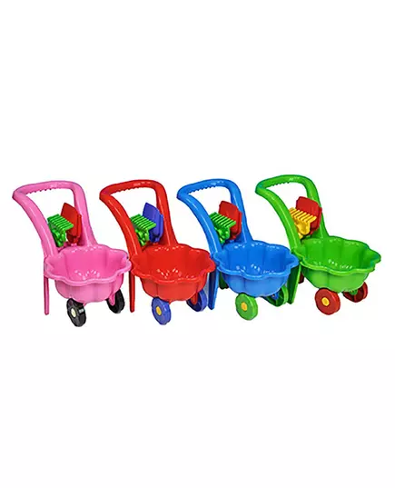 Roze speelgoedkruiwagen met hark en schep - 48 cm