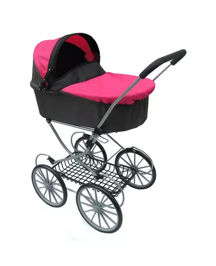 Retro poppenwagen zwart met roze kap