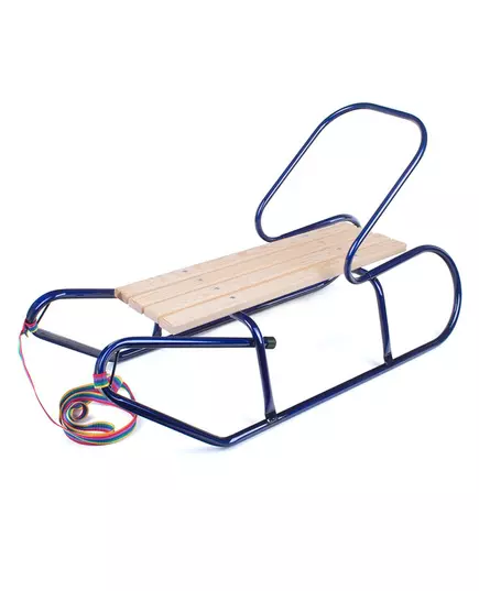 Metalen slee 87 cm blauw met rugleuning en trekkoord