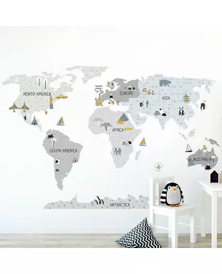 Muursticker wereldkaart grijs 130x90 cm - educatief