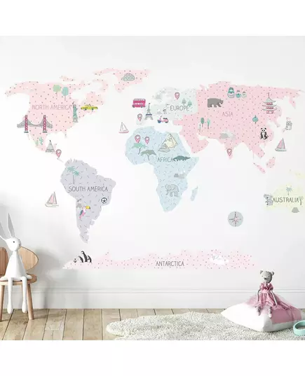 Wereldkaart muurstickers roze 150 x 100 cm Kinderkamer