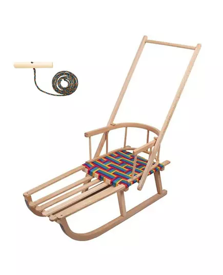 Houten slee met rugleuning, duwstang en trekkoord 86 cm