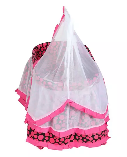 Poppenwieg in roze en zwart met grote stippen