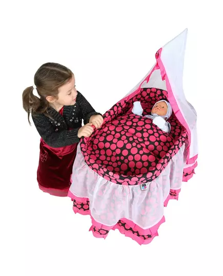 Poppenwieg in roze en zwart met grote stippen