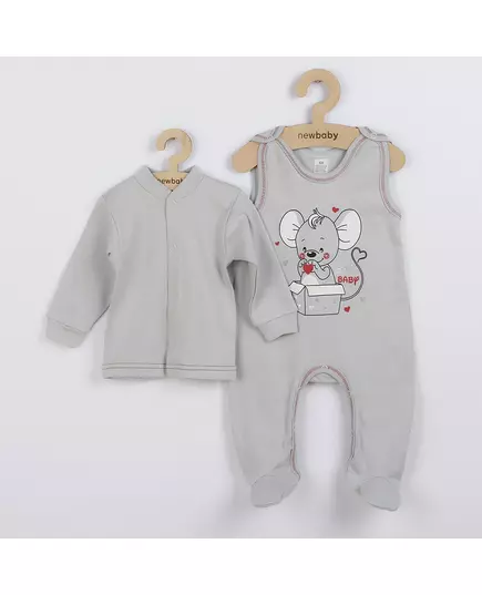 Babykleding - 2-delige set - Grijze trui met knopen - Mouwloze romper met muis en hartjes