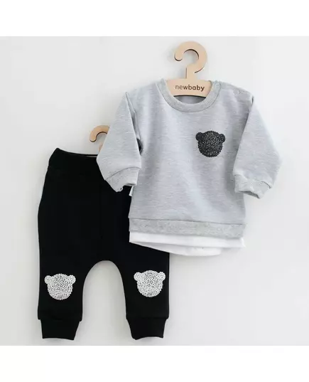 Babyset - Grijze sweater met teddybeer - Zwarte broek met beertjes