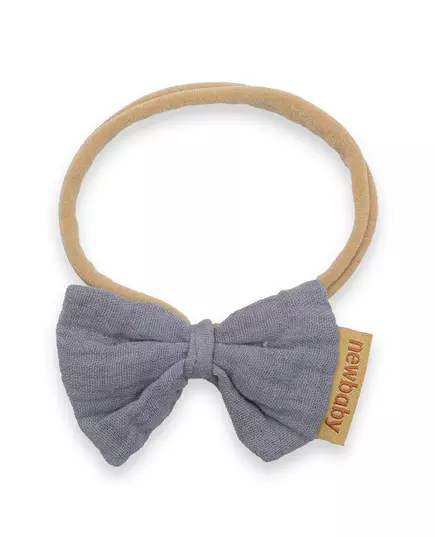 Hoofdband - Lichtbruin - Grijsblauwe strik - Label met New Baby in het rood