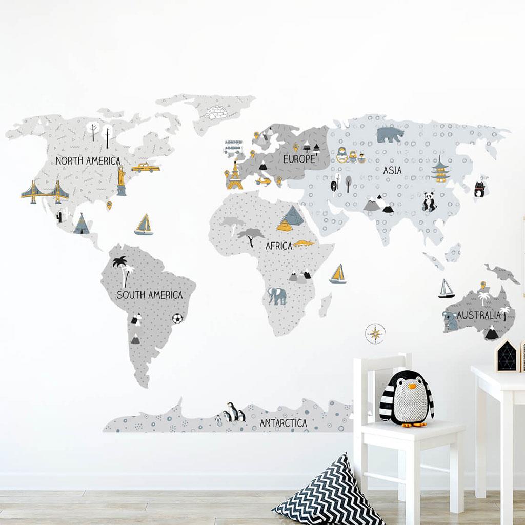 Wereldkaart muurstickers S - 90 x 60 cm - educatief